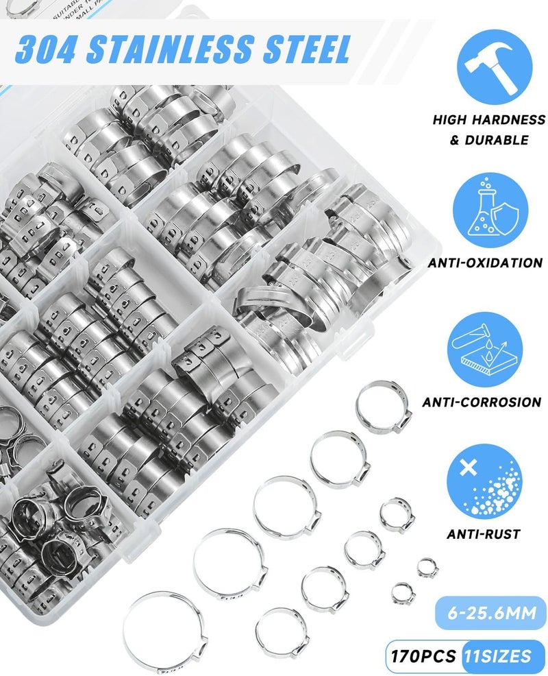 PEROMI 170 Pcs 304 Stainless Steel Single Ear Hose Clamp with Ear Clamp Pincer, 11 Sizes 1/4-1 Inch Constant Crimp Stepless Cinch Rings Crimp Assortment Kit for Water Pipe By - Image 3